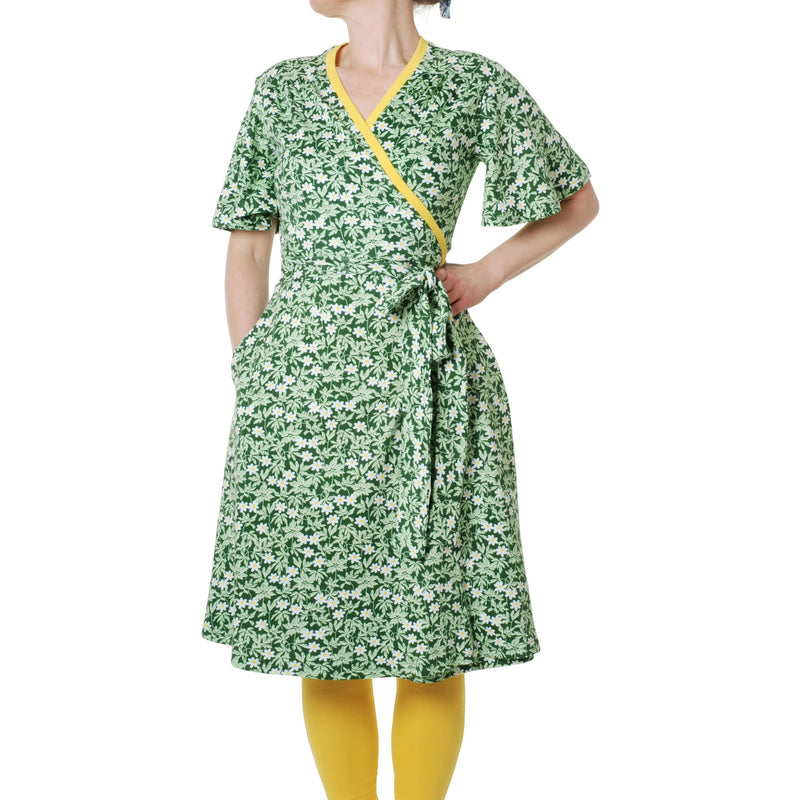 DUNS Sweden Spring Wood Anemone Green New Wrap Adult Dress w flutter sleeve sale